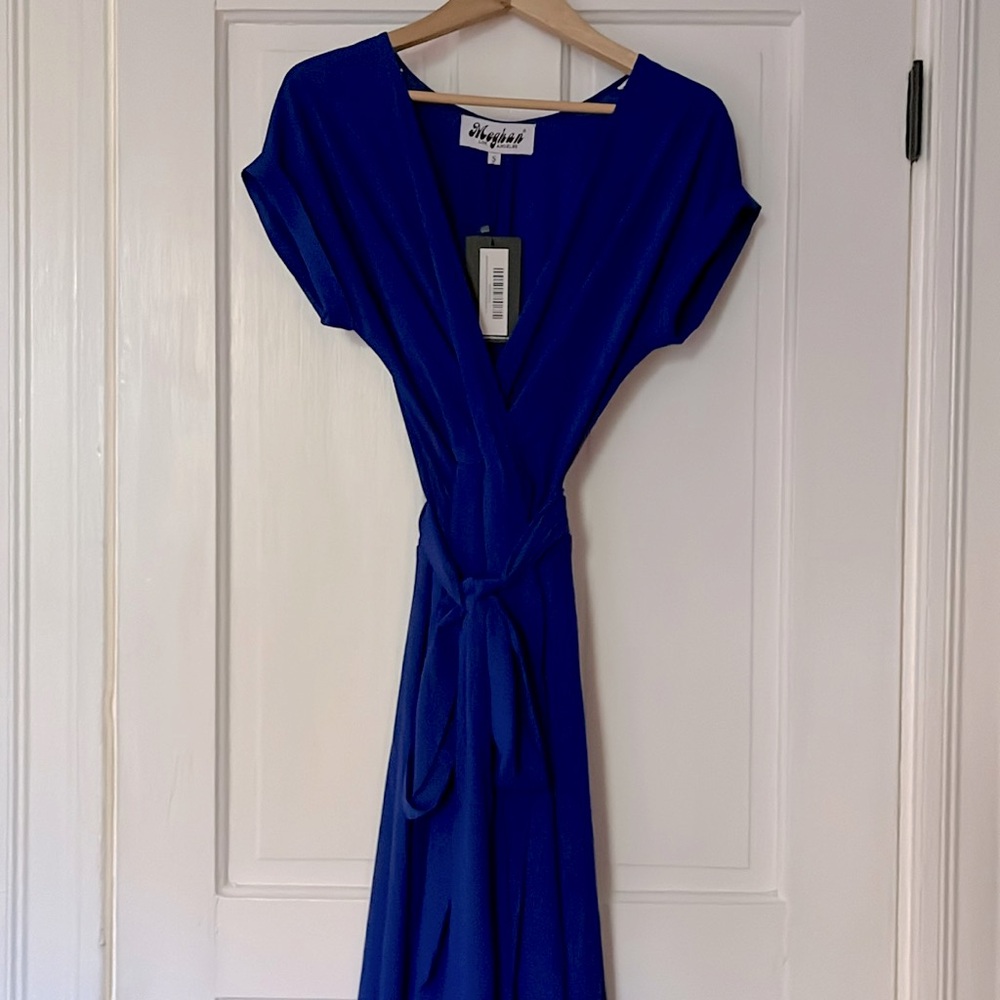 Blue midi wrap dress with elastic waist